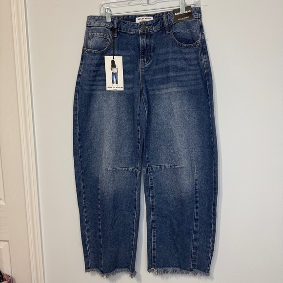 Ashley Mason Denim - Ashley Mason Barrel Jeans Women’s Sz 7/28 Blue High Rise Wide Leg Raw Hem Denim